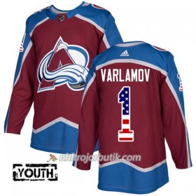 Barn Ishockey Colorado Avalanche Tröja Semyon Varlamov 1 Adidas 2017-2018 Burgundy Röd USA Flag Fashion Authentic